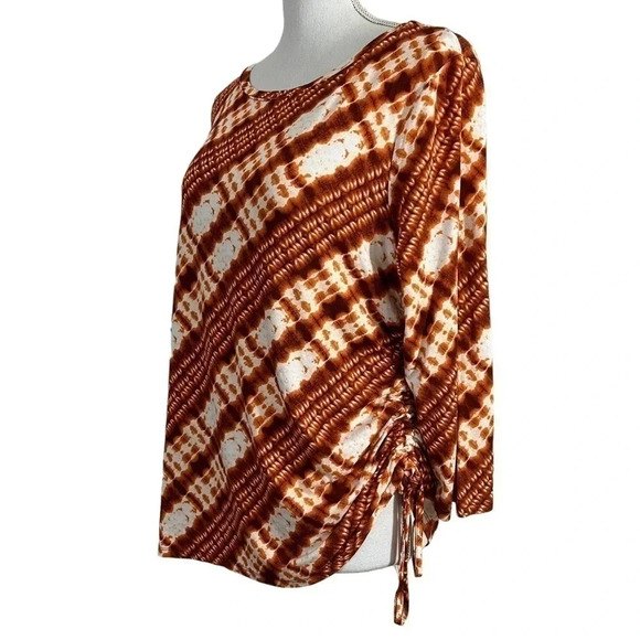 Ruby Rd Tie Dye Blouse Medium Orange Red White Striped Ruched Side 3/4 Sleeves - Picture 3 of 9